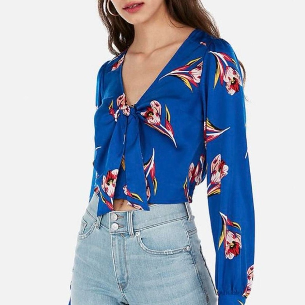 Express Vibrant Blue Flower Print Cropped Blouse Size S